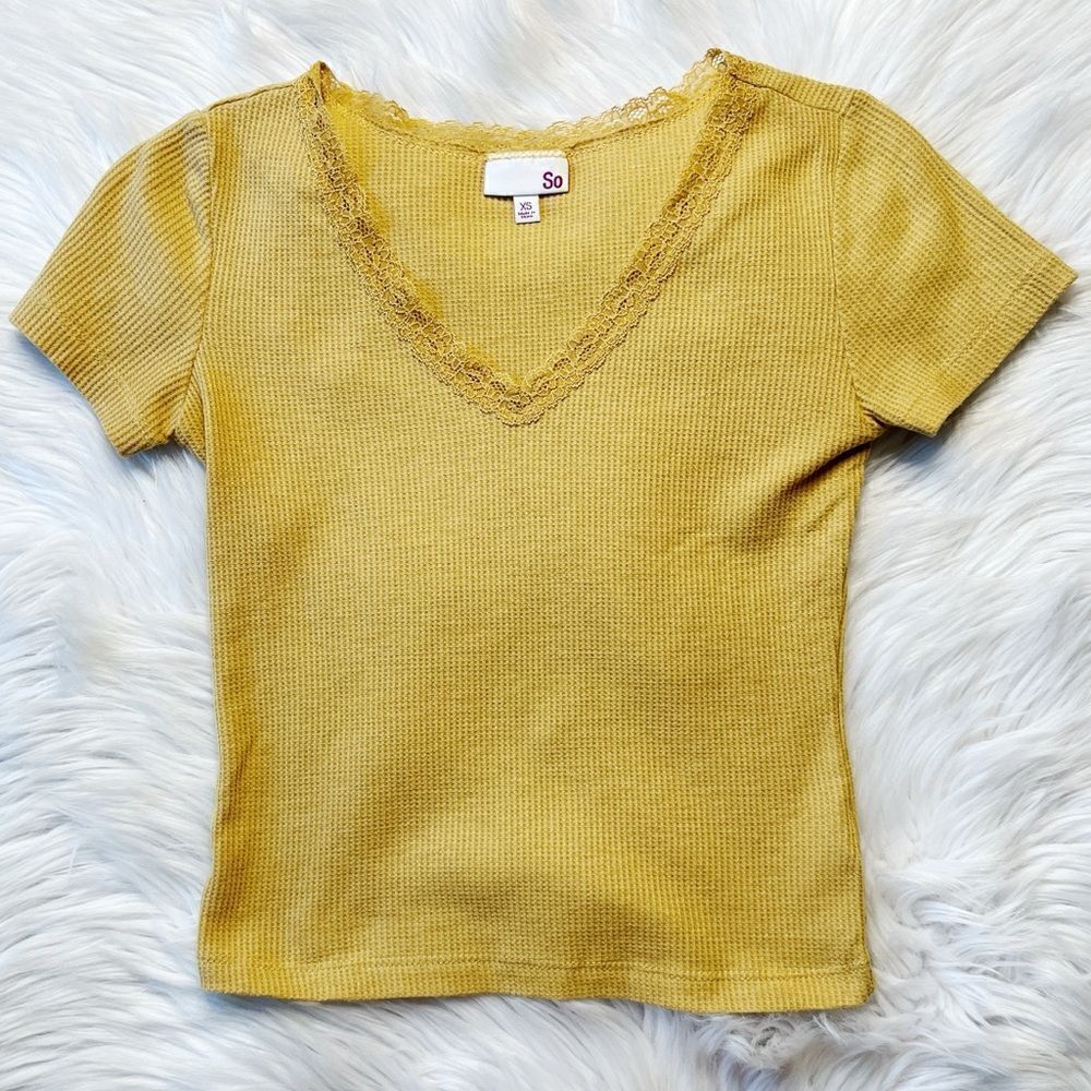 SO Waffle Knit Lace V Neck Short Sleeve Top Yellow Size XS
